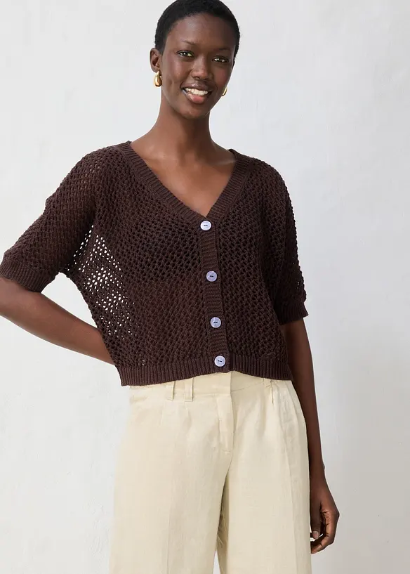 Cardigan med linandel og hullm&oslash;nster, bonprix