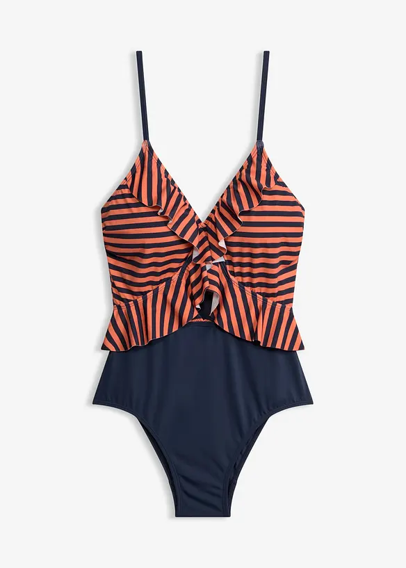 Badedrakt med cut outs og volanger, bonprix
