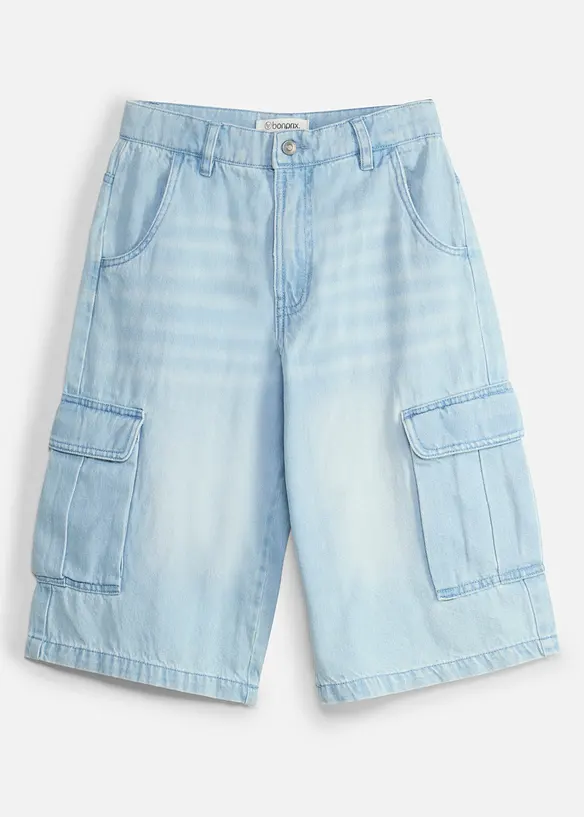 Lang bermudashorts i denim med regulerbar linning, Baggy fit, bonprix