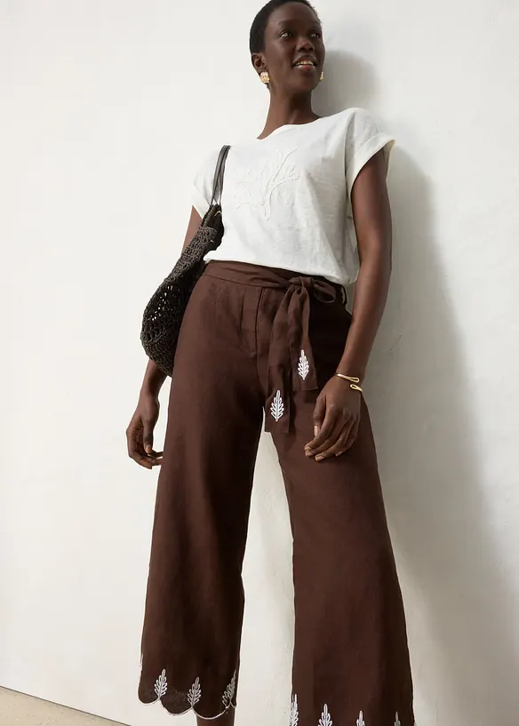 Culotte i lin med belte (2-delt sett), bonprix