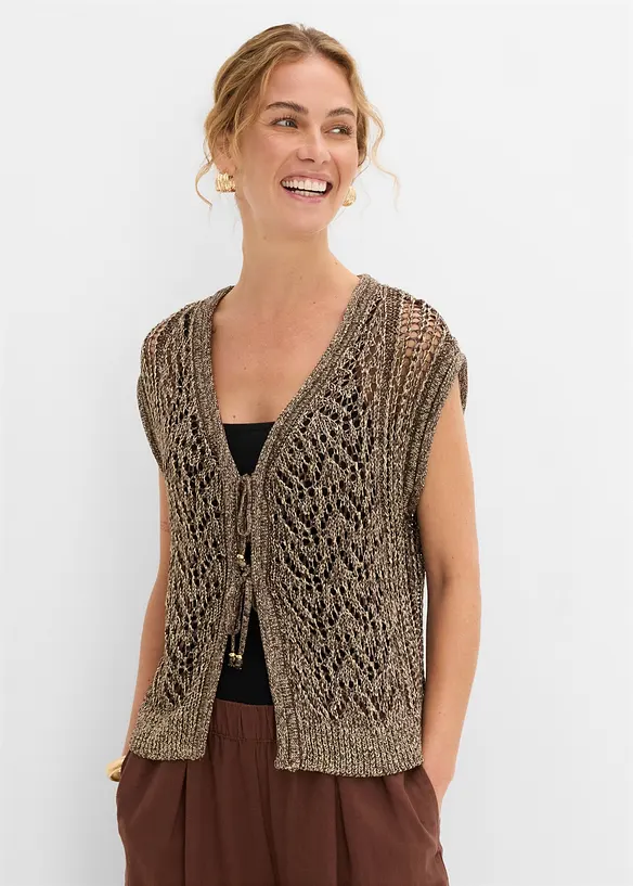 Strikket vest med viskose, hullm&oslash;nster og glittergarn, bonprix