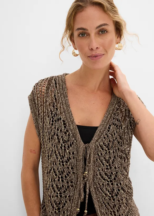 Strikket vest med viskose, hullm&oslash;nster og glittergarn, bonprix