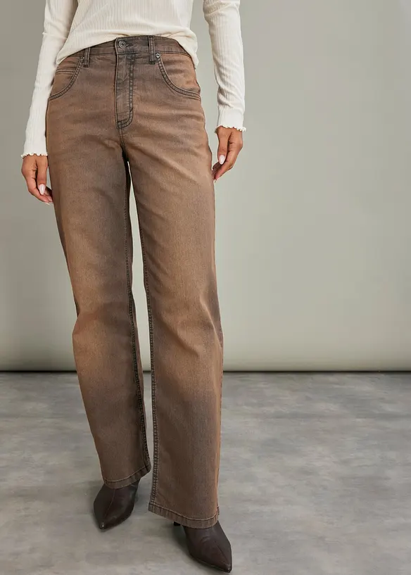 Wide Leg-jeans High Waist med vintage vasket effekt, bonprix
