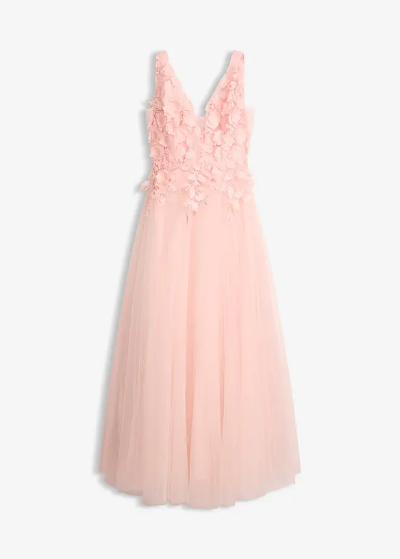 Maxikjole i fin tyll med applikerte blomster, bonprix