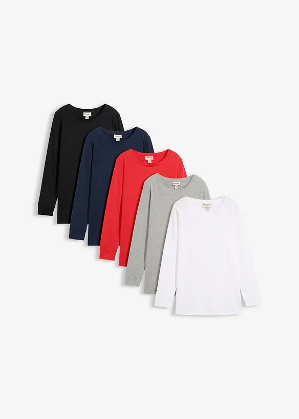 Lang, langermet topp med rund hals (5-pack), bonprix