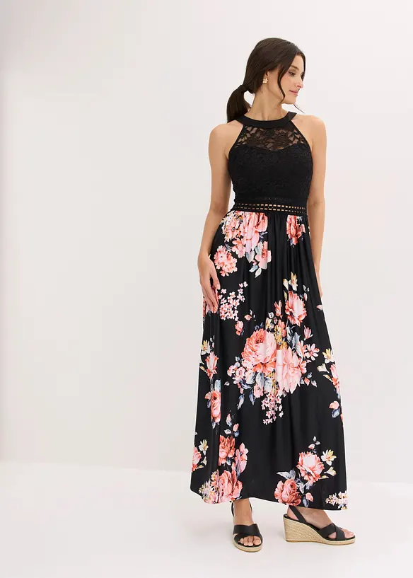 Maxi-sommerkjole med blomstertrykk og blonder, bonprix