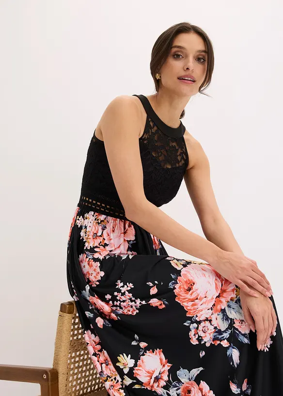Maxi-sommerkjole med blomstertrykk og blonder, bonprix