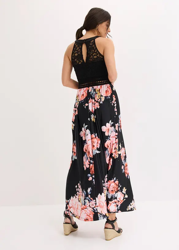 Maxi-sommerkjole med blomstertrykk og blonder, bonprix