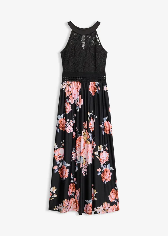 Maxi-sommerkjole med blomstertrykk og blonder, bonprix