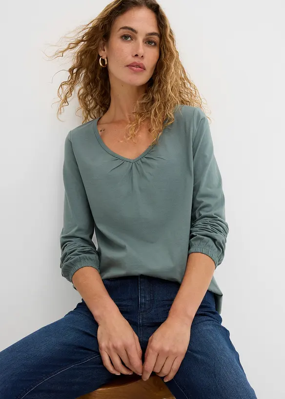 Langermet topp i 100% bomull med strikk, bonprix