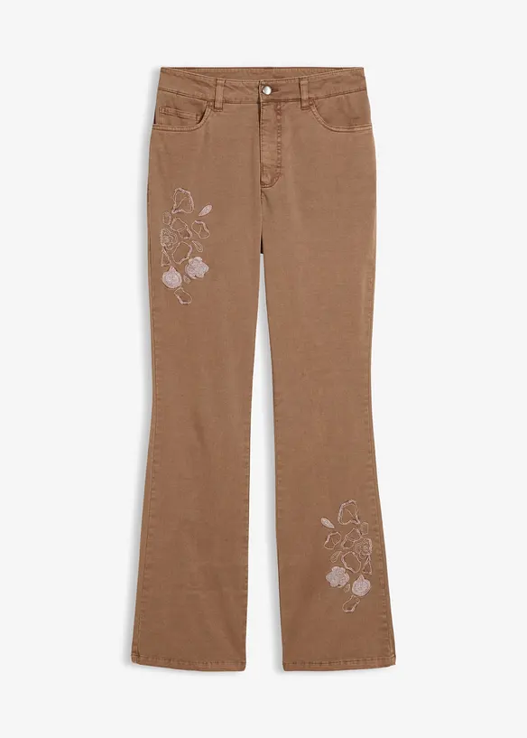 Bootcut-bukse med broderi av elastisk bomullsmiks, bonprix