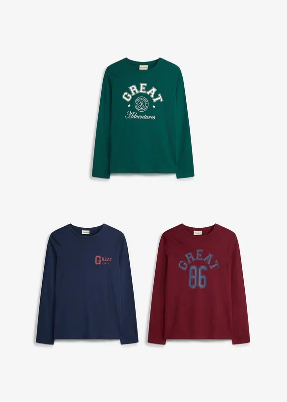 Langermet topp i myk, &oslash;kologisk bomull (3-pack), bonprix