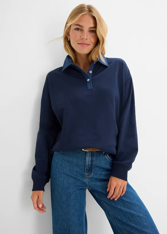 Oversized sweatshirt i bomullsmiks med krage i denim, bonprix