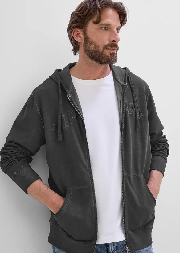 Sweatjakke med hette i vasket stil av 100% bomull, bonprix
