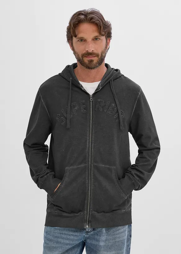 Sweatjakke med hette i vasket stil av 100% bomull, bonprix