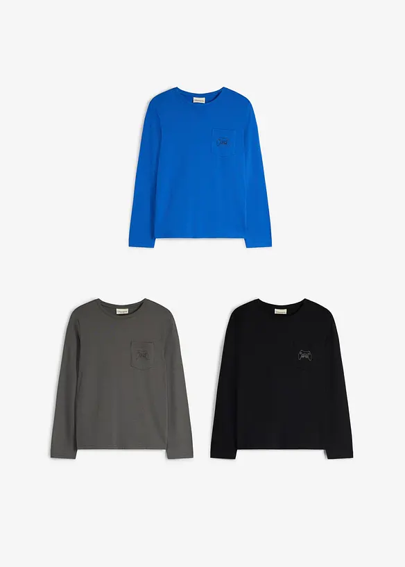 Langermet topp i myk, &oslash;kologisk bomull (3-pack), bonprix