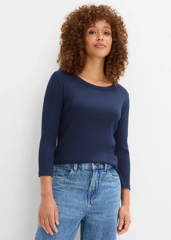 Ribbet topp i 100% &oslash;kologisk bomull med 3/4-lange ermer (3-pack), bonprix