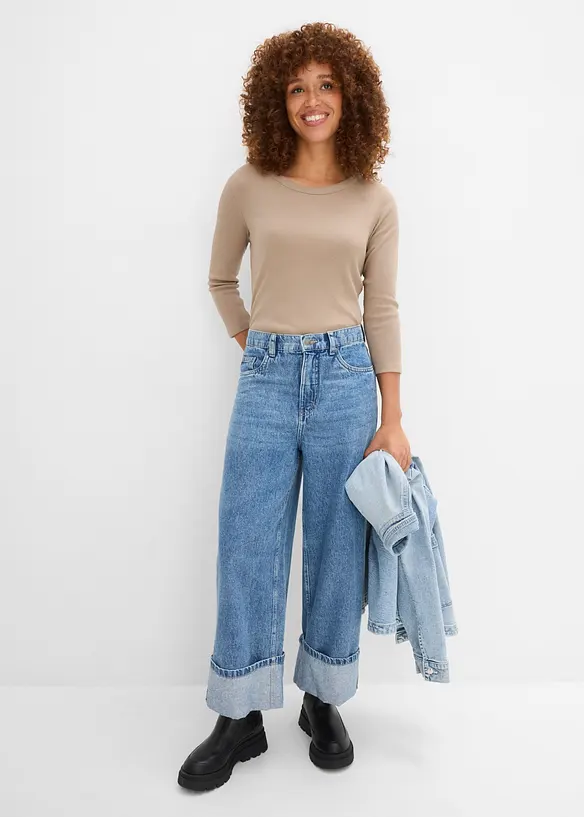 Ribbet topp i 100% &oslash;kologisk bomull med 3/4-lange ermer (3-pack), bonprix