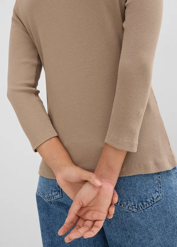 Ribbet topp i 100% &oslash;kologisk bomull med 3/4-lange ermer (3-pack), bonprix
