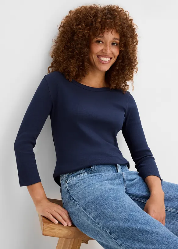 Ribbet topp i 100% &oslash;kologisk bomull med 3/4-lange ermer (3-pack), bonprix