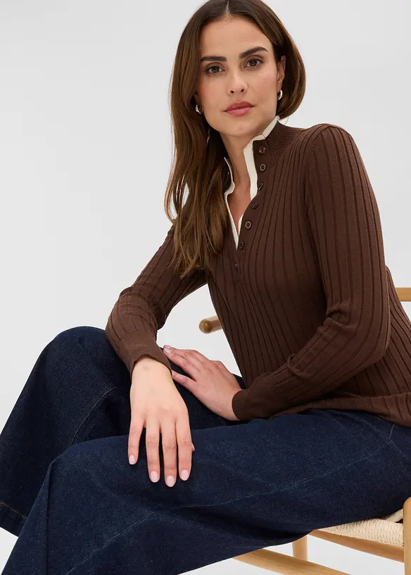 Ribbet, finstrikket genser med viskose i 2-i-1-stil, bonprix