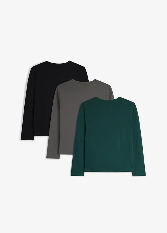 Langermet topp i myk, &oslash;kologisk bomull med brystlomme (3-pack), bonprix