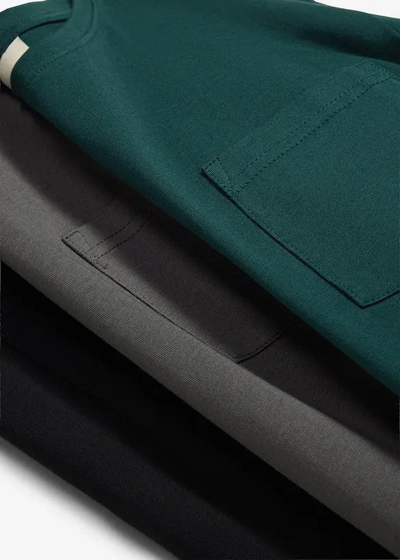Langermet topp i myk, &oslash;kologisk bomull med brystlomme (3-pack), bonprix