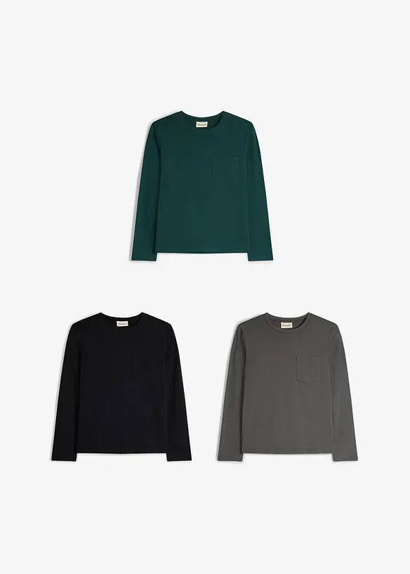 Langermet topp i myk, &oslash;kologisk bomull med brystlomme (3-pack), bonprix