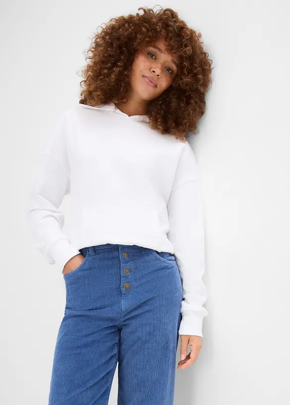 High waist kordfl&oslash;yelsbukse i bomullsmiks, bonprix