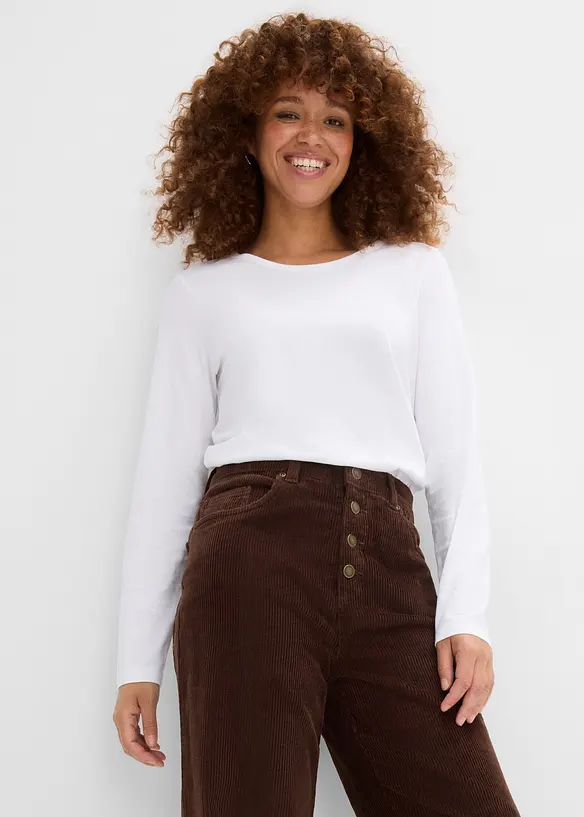 High waist kordfl&oslash;yelsbukse i bomullsmiks, bonprix