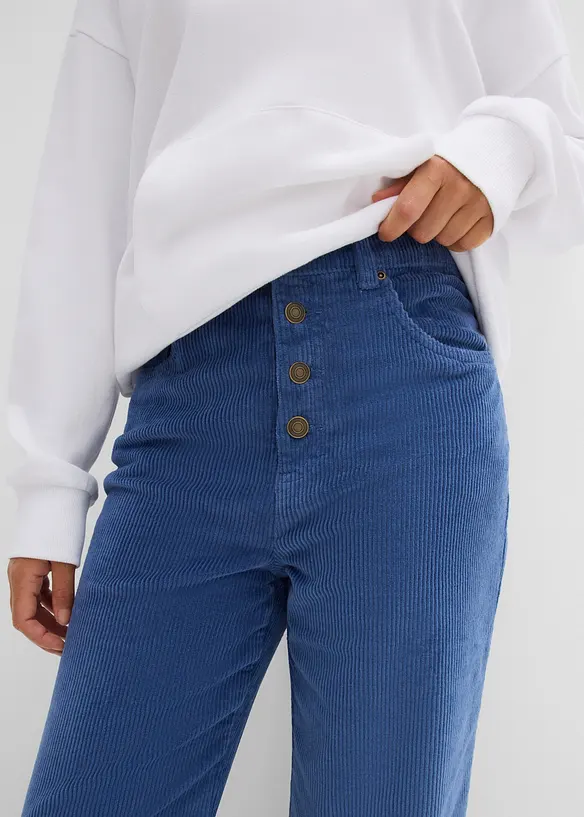 High waist kordfl&oslash;yelsbukse i bomullsmiks, bonprix
