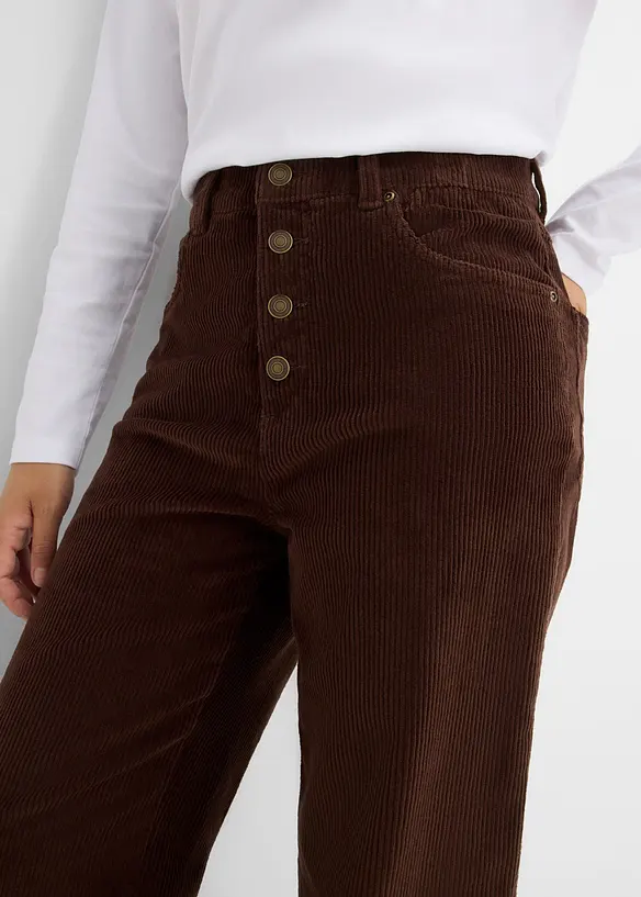 High waist kordfl&oslash;yelsbukse i bomullsmiks, bonprix