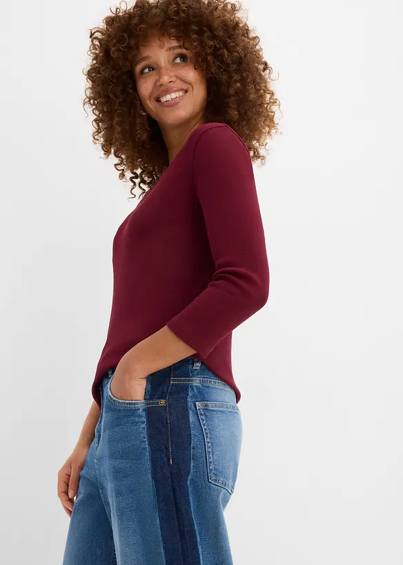 Ribbet topp i 100% &oslash;kologisk bomull med 3/4-lange ermer (3-pack), bonprix
