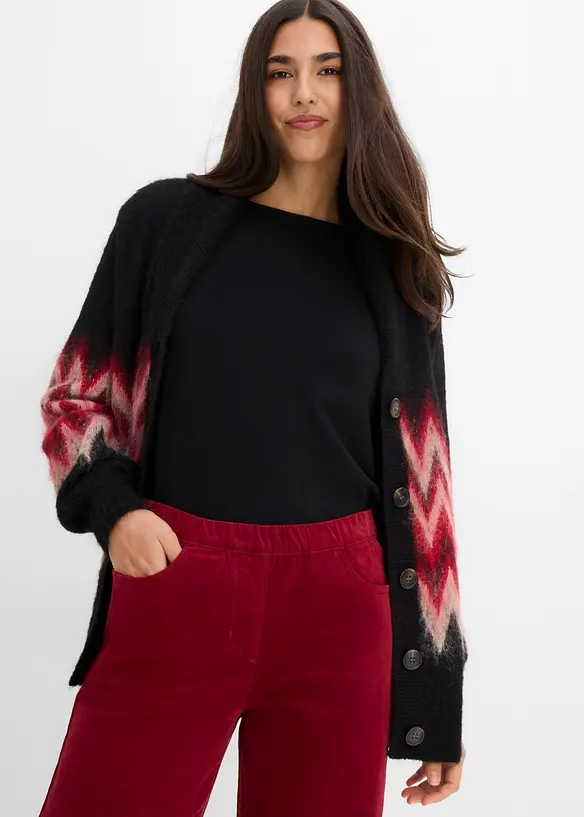 High waist kordfl&oslash;yelsbukse i bomullsmiks, bonprix