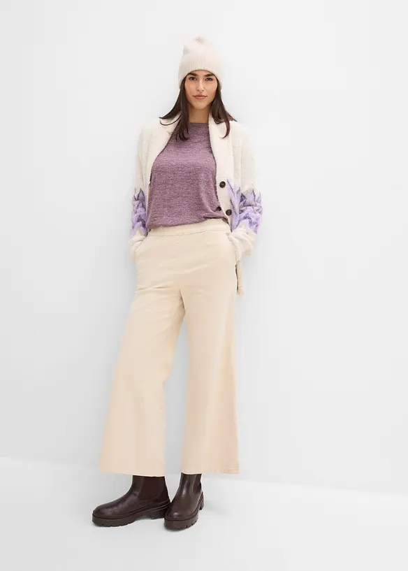 High waist kordfl&oslash;yelsbukse i bomullsmiks, bonprix