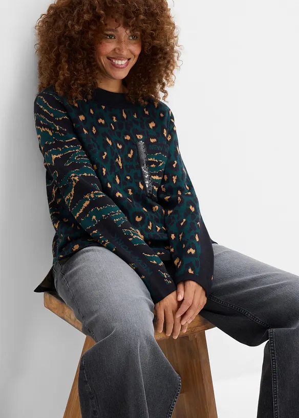 Finstrikket, leopardm&oslash;nstret genser, bonprix