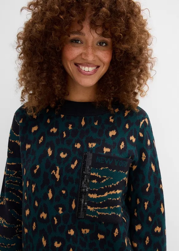Finstrikket, leopardm&oslash;nstret genser, bonprix