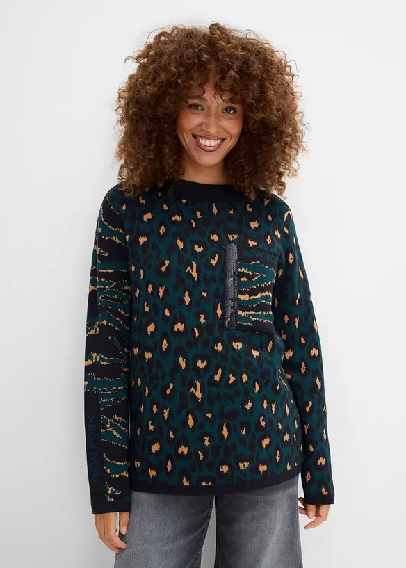 Finstrikket, leopardm&oslash;nstret genser, bonprix