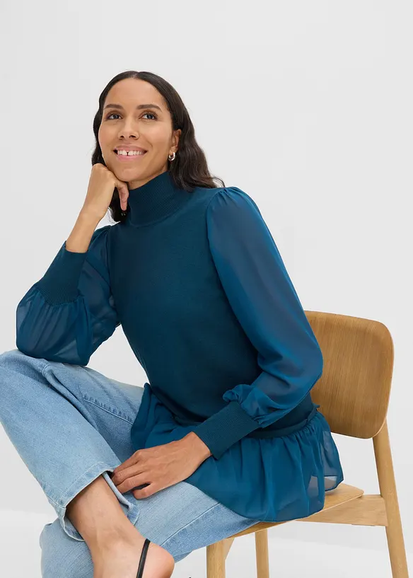 Finstrikket genser med bluseinnfelling, bonprix