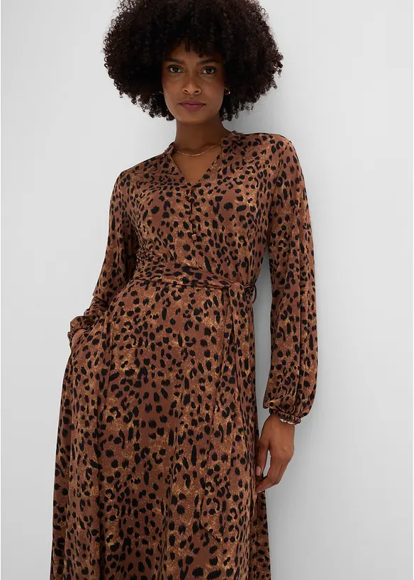 Leopardm&oslash;nstret jerseykjole med knytebelte, bonprix