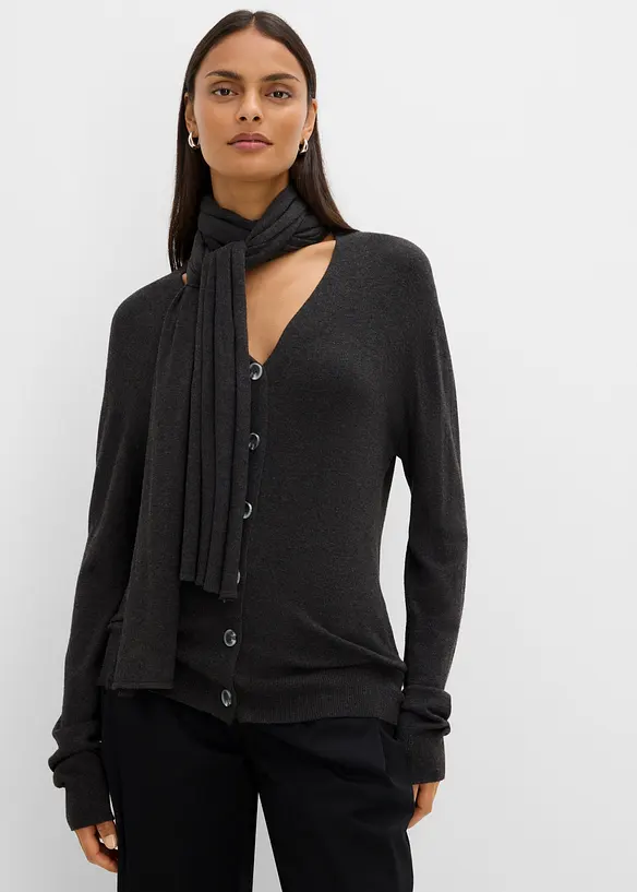 Finstrikket cardigan med skjerf, bonprix