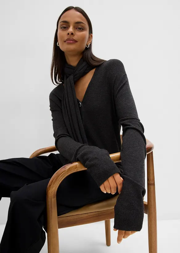 Finstrikket cardigan med skjerf, bonprix