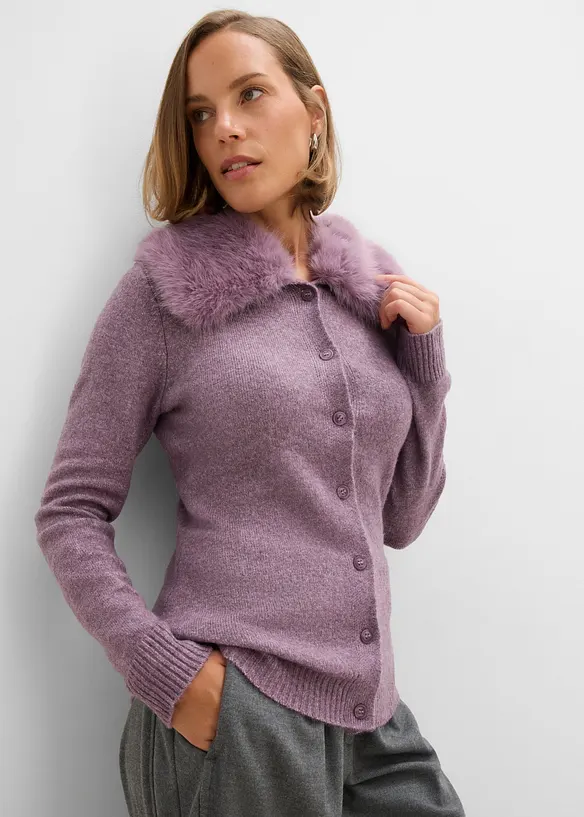 Innsvingt cardigan med fuskepelskrage, bonprix