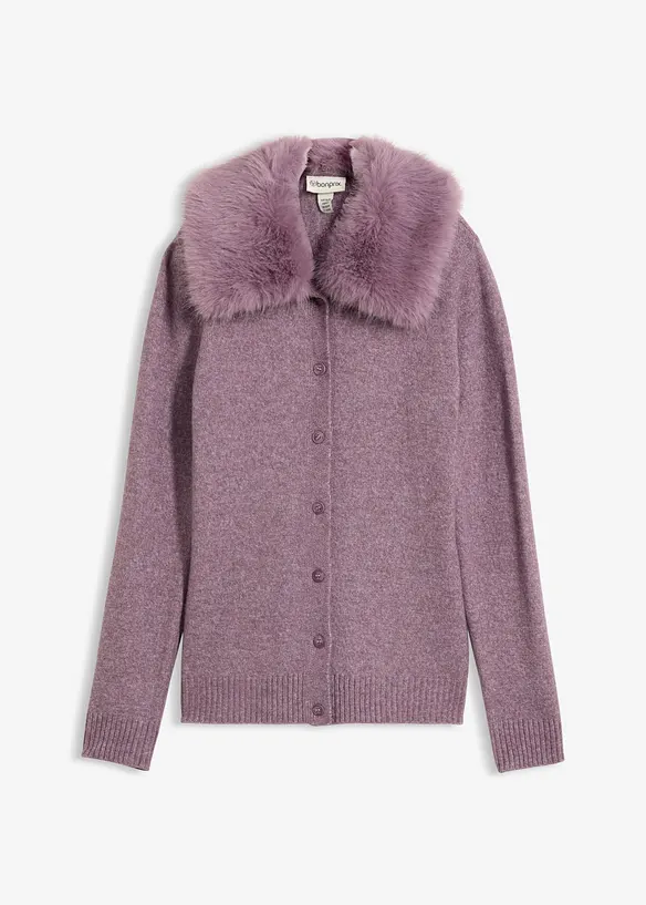 Innsvingt cardigan med fuskepelskrage, bonprix