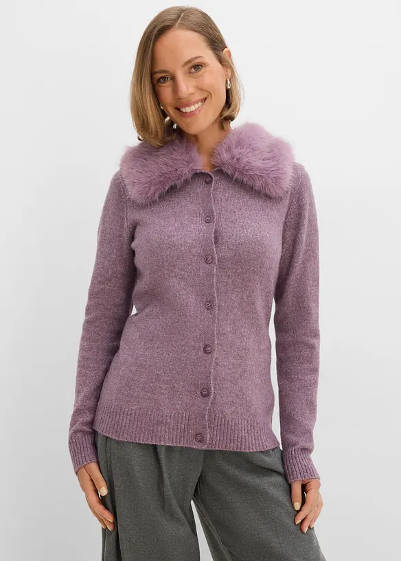 Innsvingt cardigan med fuskepelskrage, bonprix
