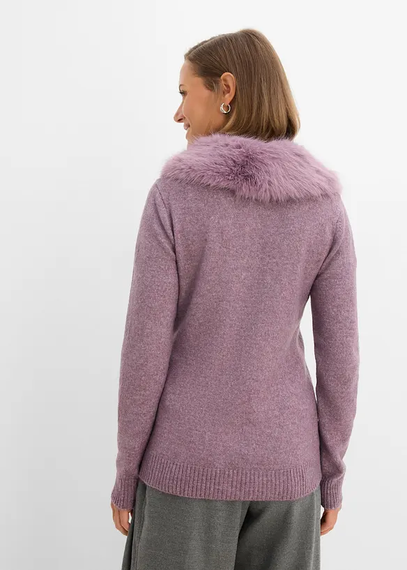 Innsvingt cardigan med fuskepelskrage, bonprix