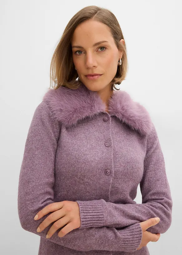 Innsvingt cardigan med fuskepelskrage, bonprix