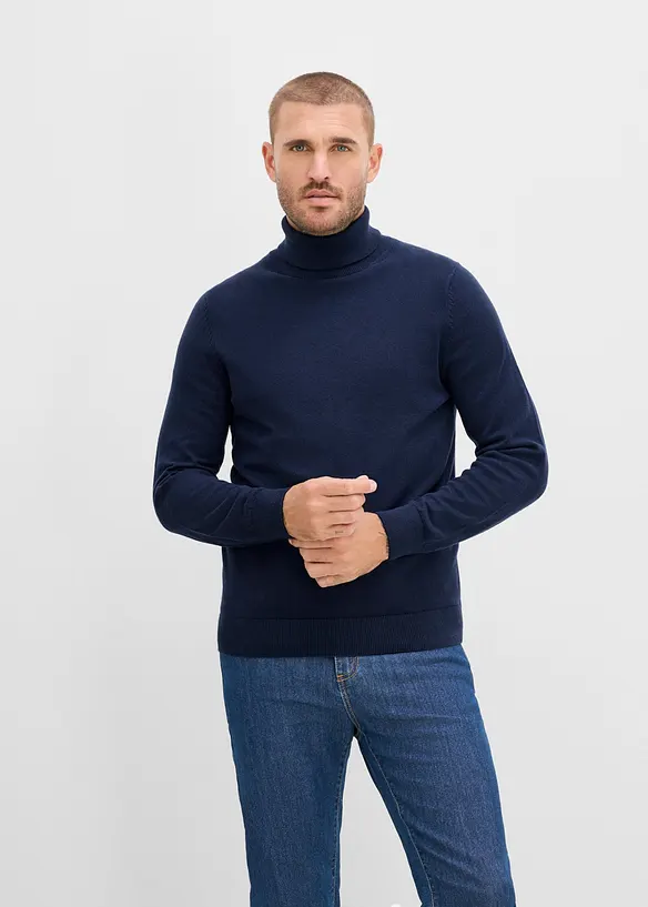 Finstrikket genser med f&oslash;rsteklasses merinoull og rullekrage, slim fit, bonprix