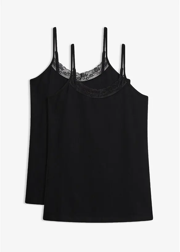 Singlet med &oslash;kologisk bomull og blonder (2-pack), bonprix