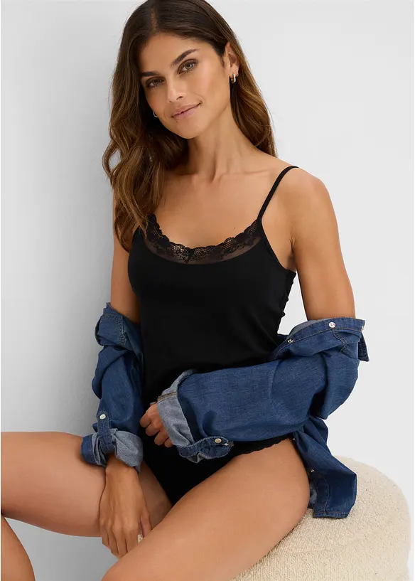 Singlet med &oslash;kologisk bomull og blonder (2-pack), bonprix
